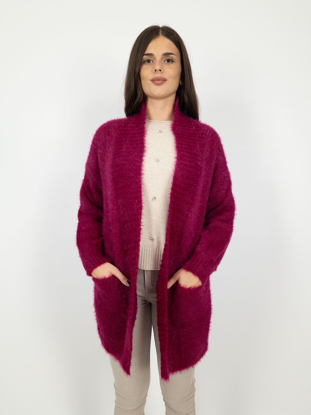 Cardigan Donna Lungo Invernale Morbido Filato Peloso Con Tasche