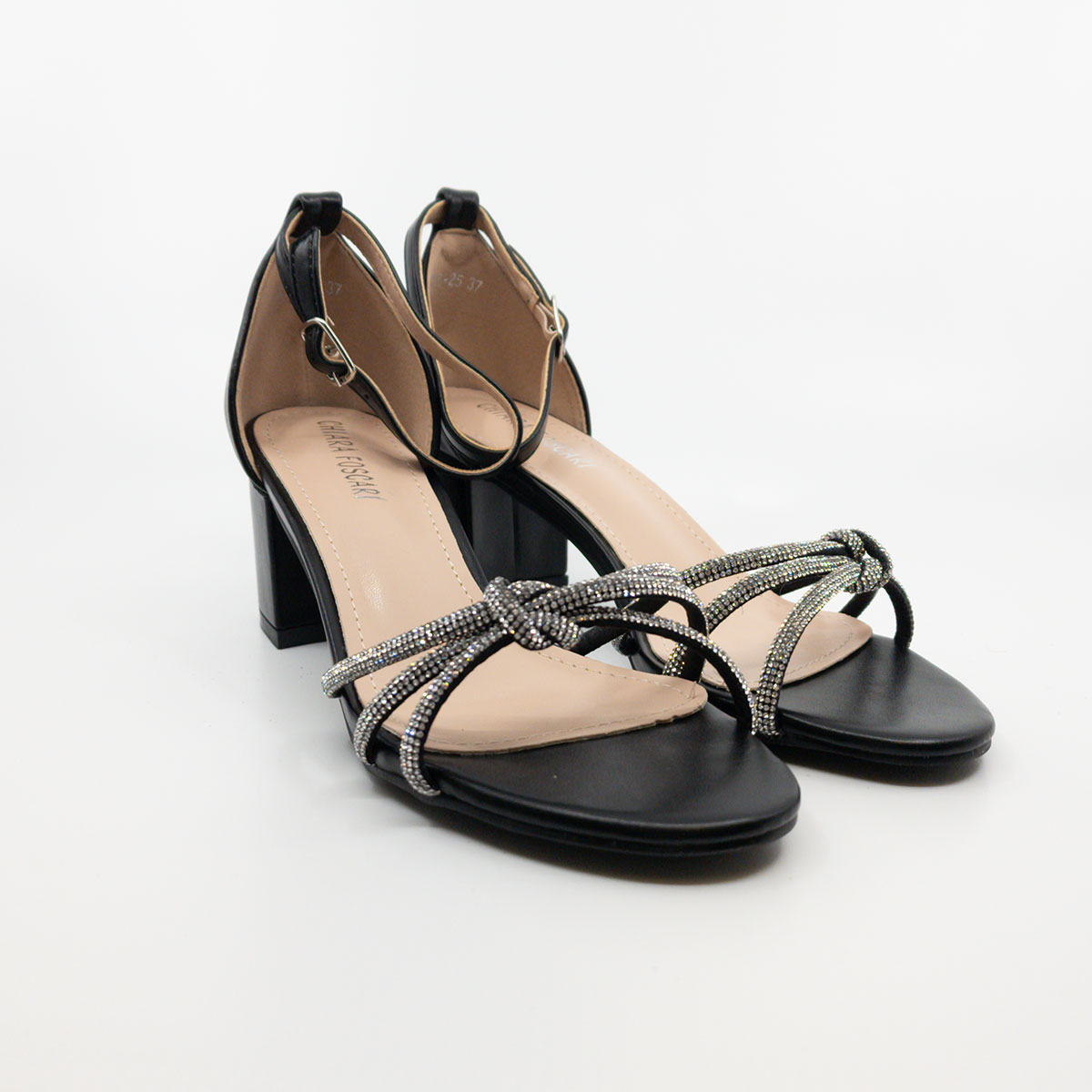 Sandali Eleganti Neri con Strass e Tacco Largo – Modello BSC-25-NERO