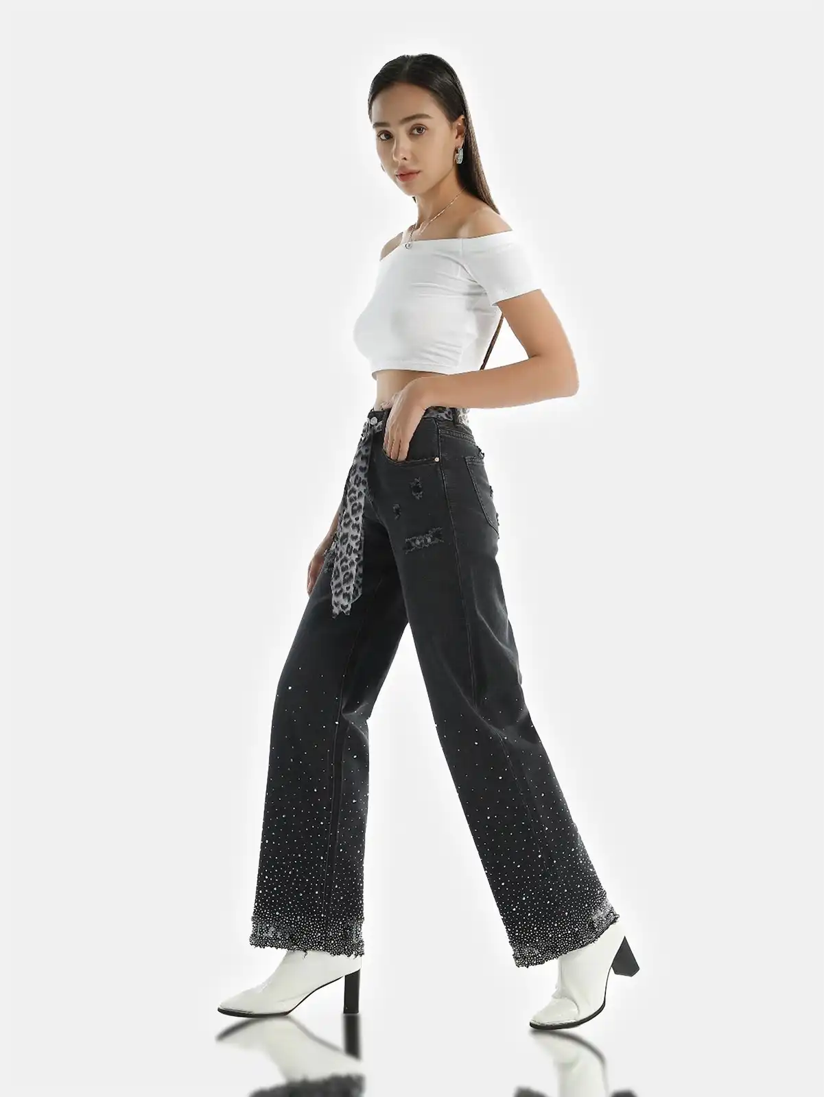 Jeans donna strass gamba larga mom fit - Premium Denim Collection H-3388