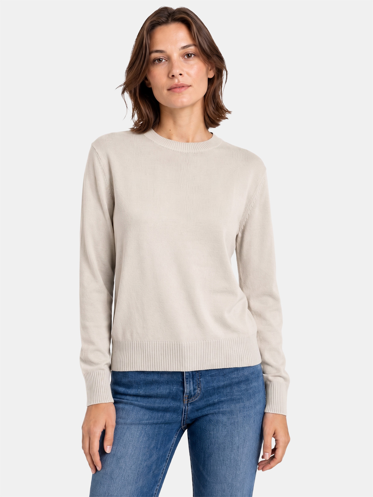 Women's Cotton Crewneck Sweater with Ribbed Finishes