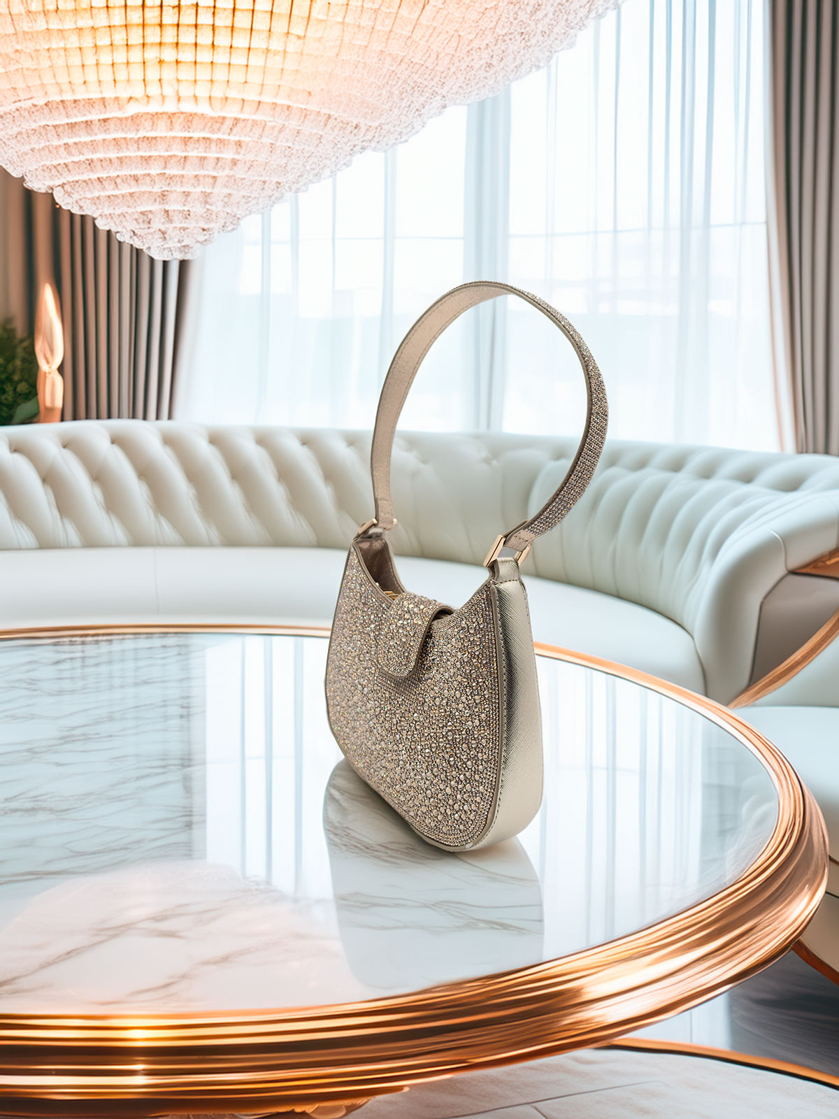 Pochette da cerimonia oro elegante con strass e tracolla rimovibile