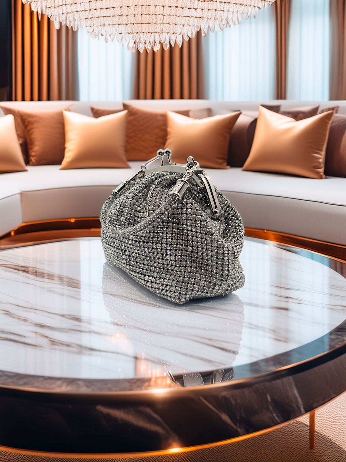 Elegant silver clutch with rhinestones – Mini evening bag with strap