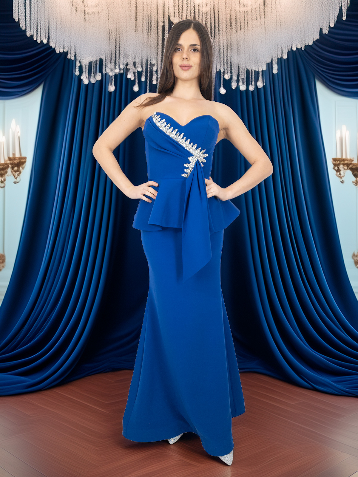 Abito da Sera a Sirena con Strass e Stola in Chiffon 29547