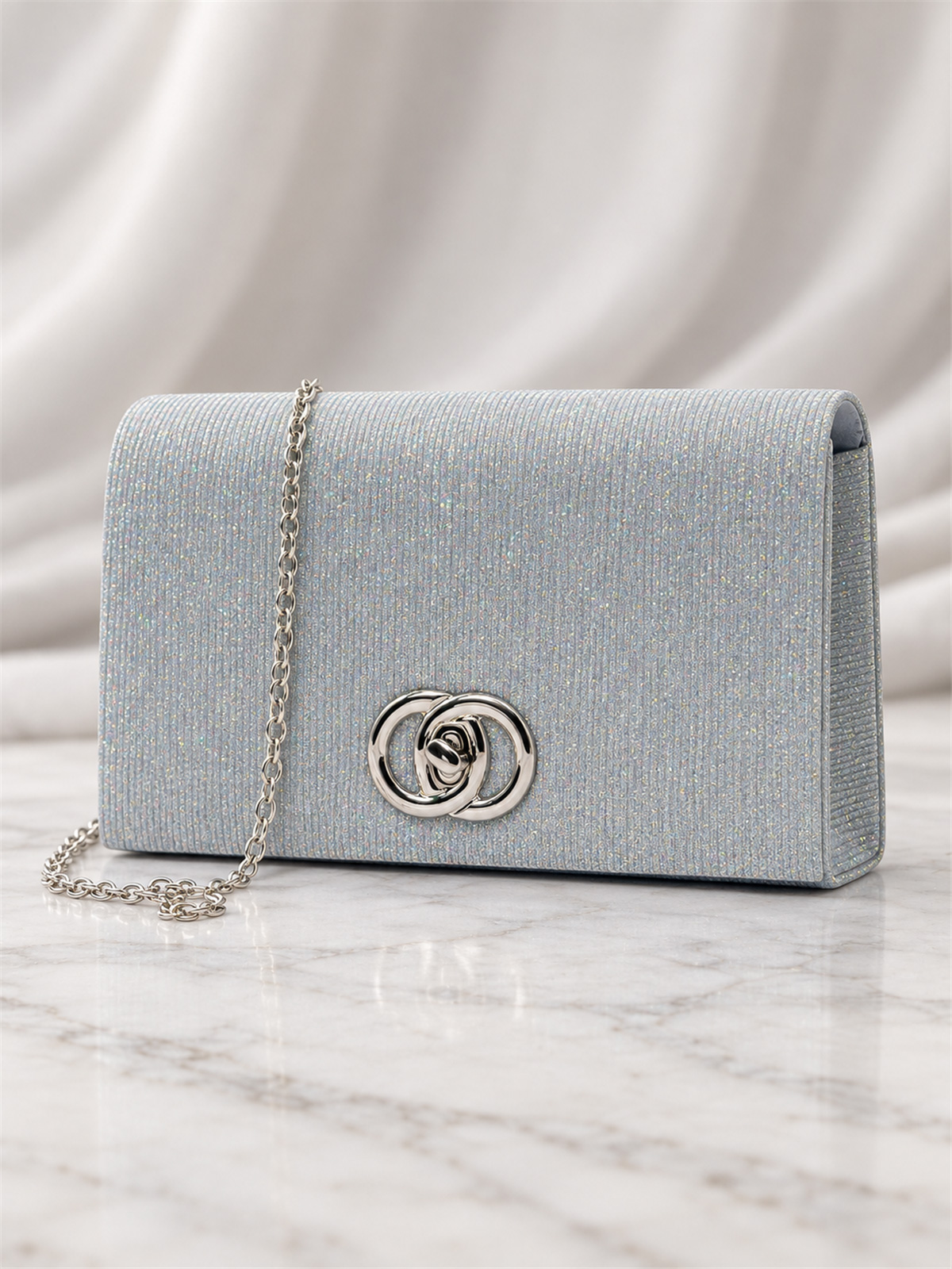 Pochette glitter argento con tracolla staccabile