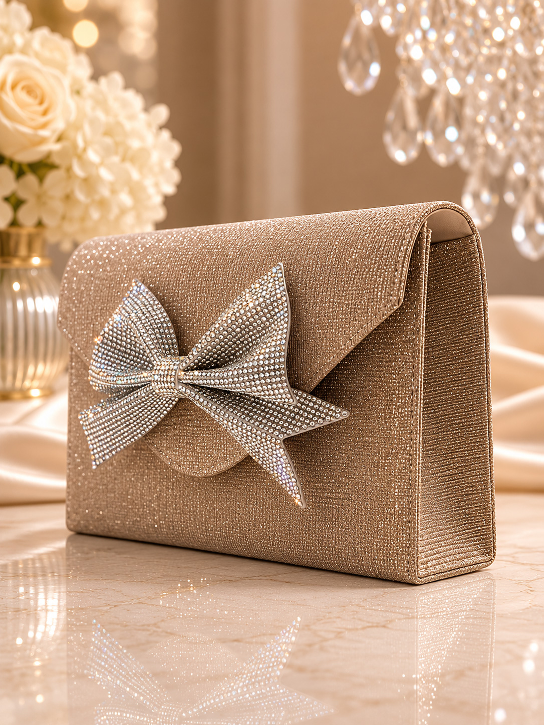 Pochette Oro Glitterata da Cerimonia con Fiocco di Strass HL3499-oro