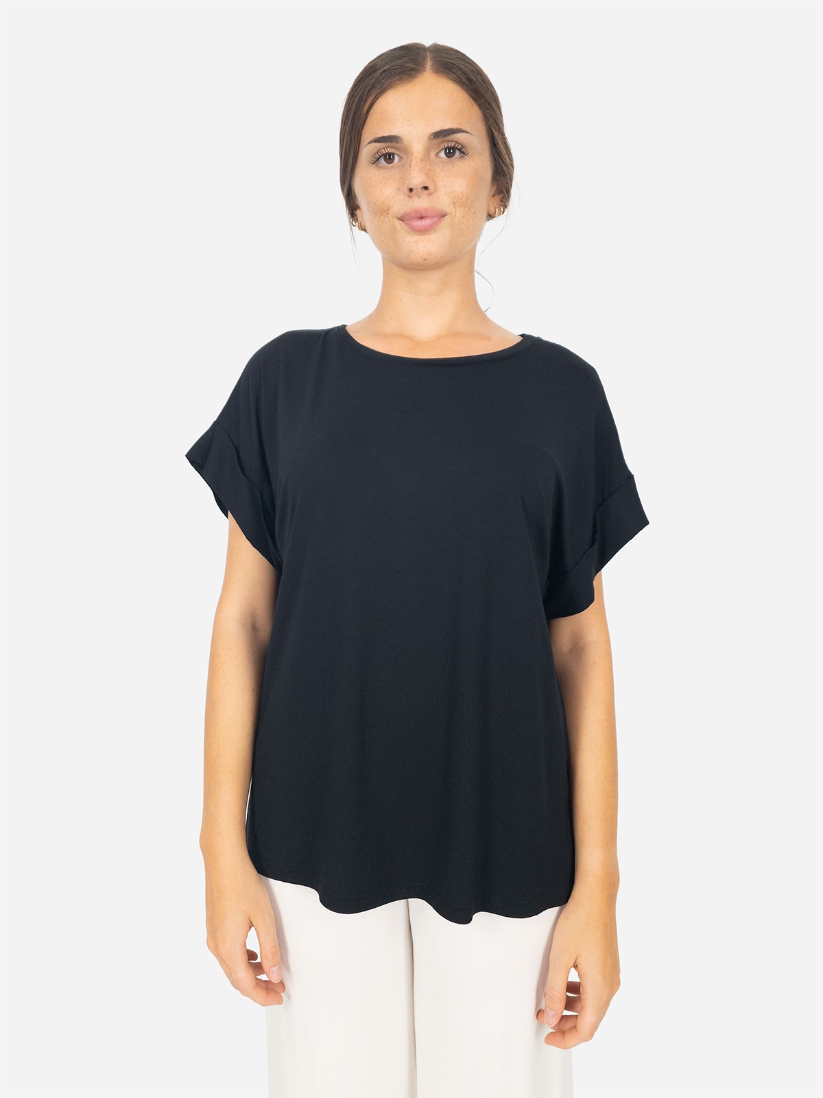 Stretch viscose top with short cuffed sleeves