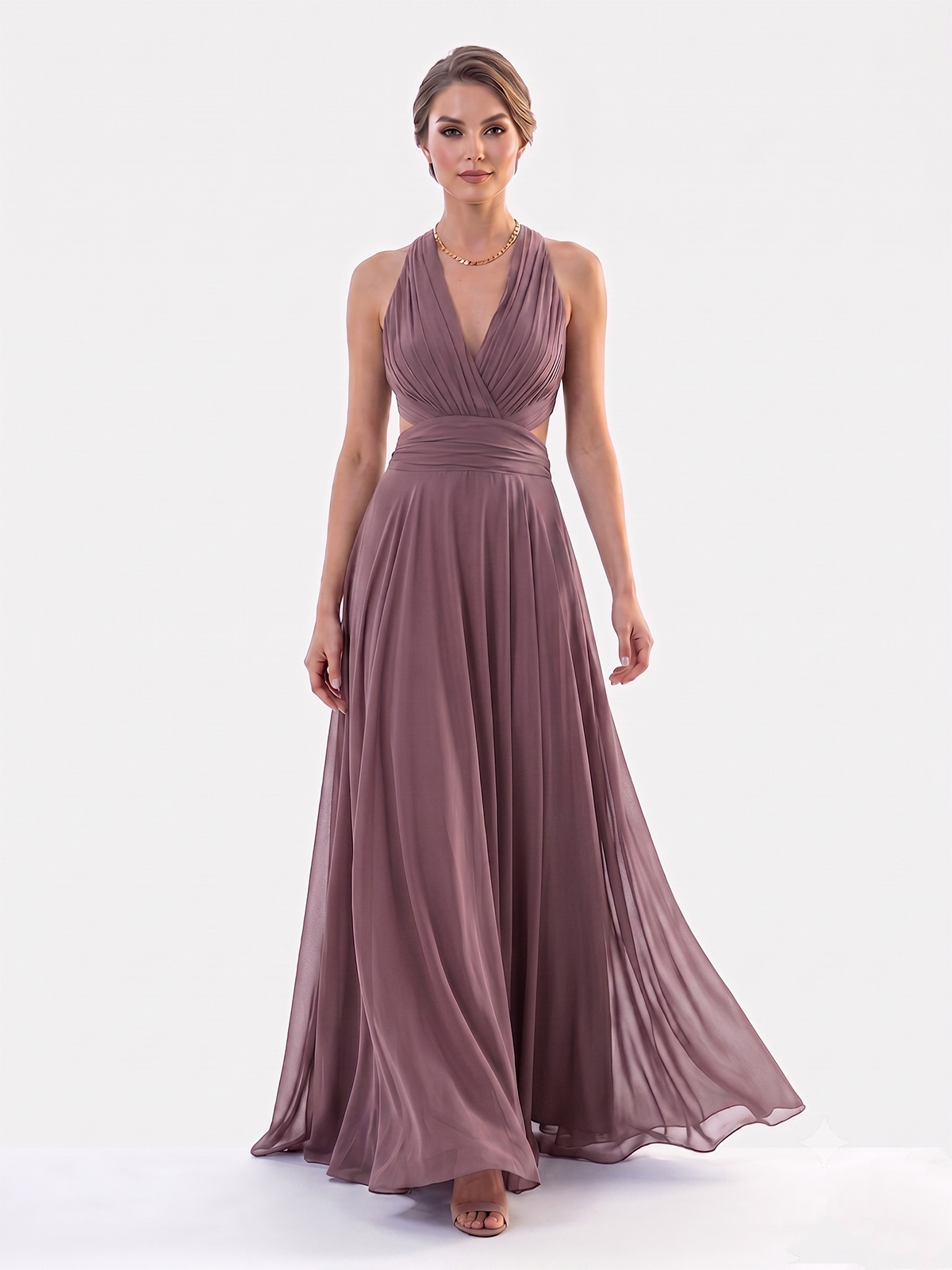 Abito Lungo da Cerimonia in Chiffon con Collo all'Americana 7007-6F