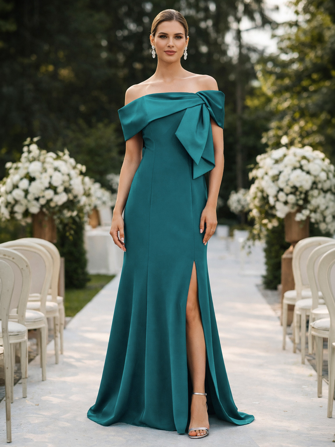 Abito da Cerimonia Lungo a Sirena con Scollo Omerale SSU900