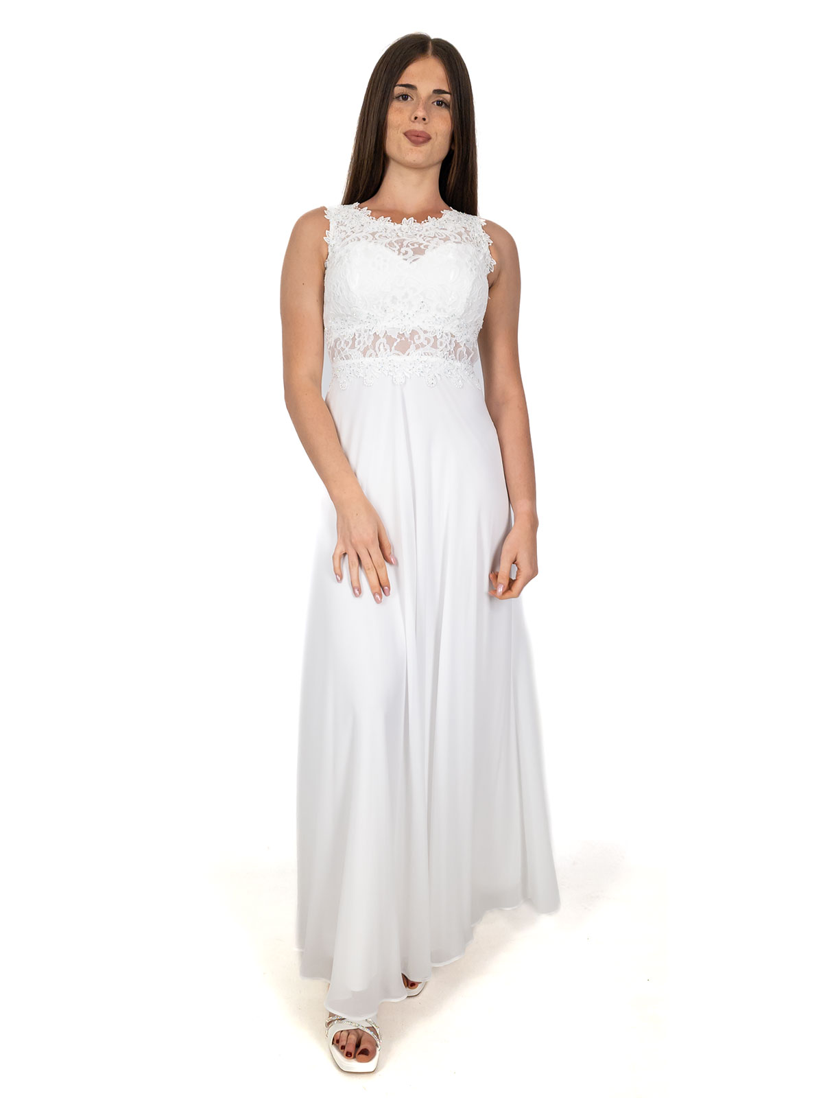 abito da sposa economico semplice bianco con corpetto in pizzo