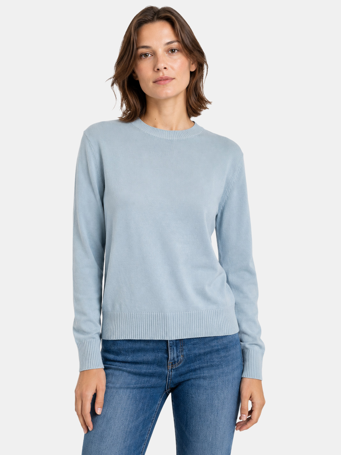 Women's Cotton Crewneck Sweater with Ribbed Finishes