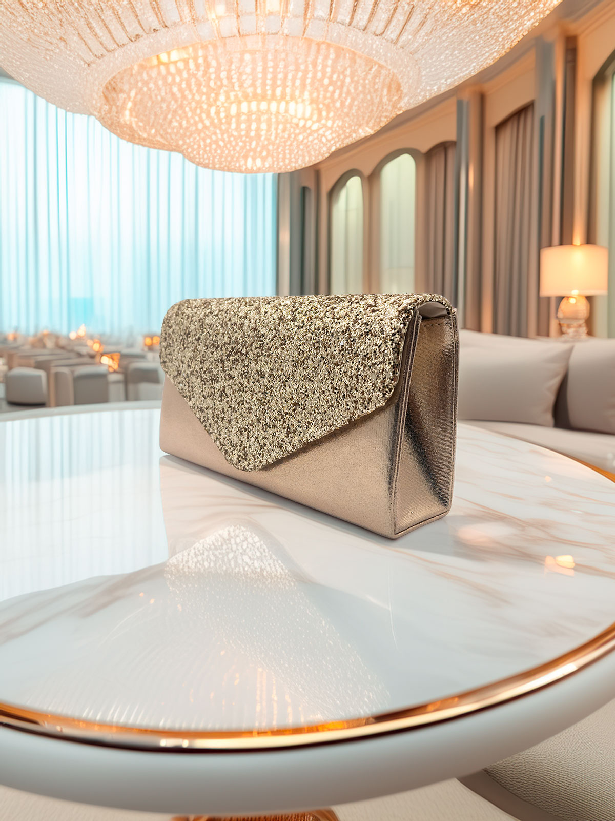 Gold Satin Evening Clutch with Glitter Flap