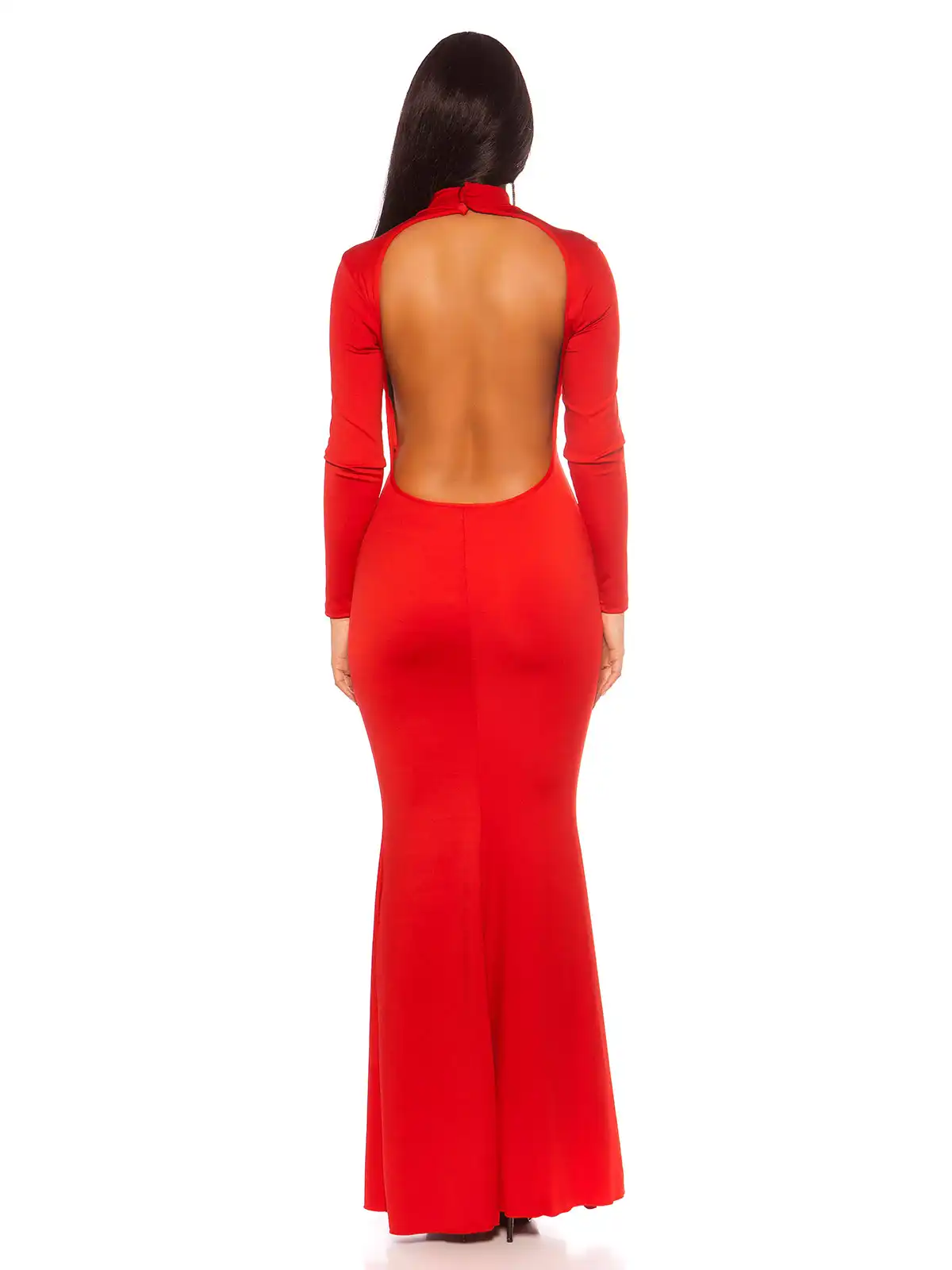 Abito Lungo Elegante Donna con Schiena Nuda e Maniche Lunghe