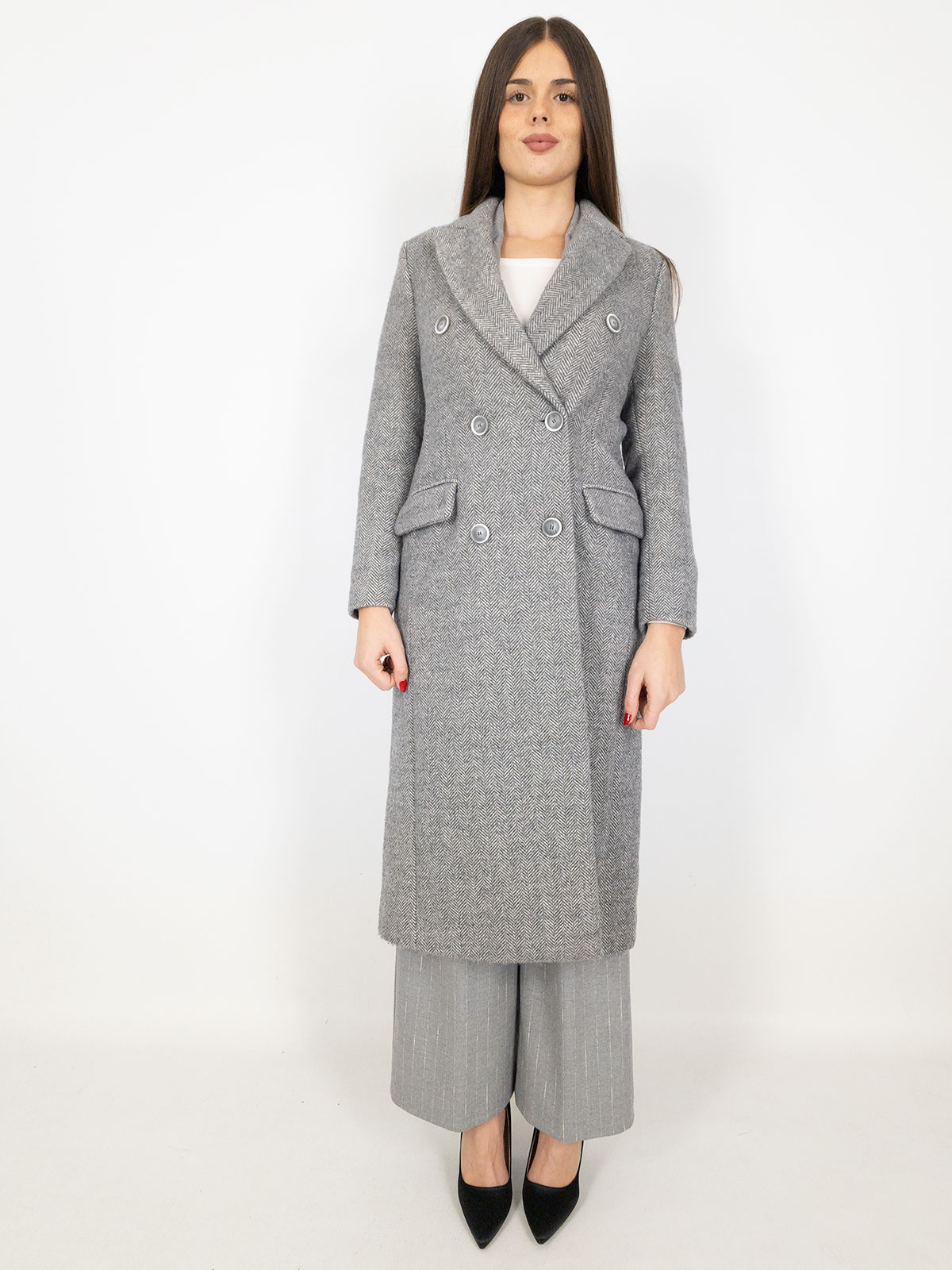 Cappotto doppiopetto lungo in lana grigio
