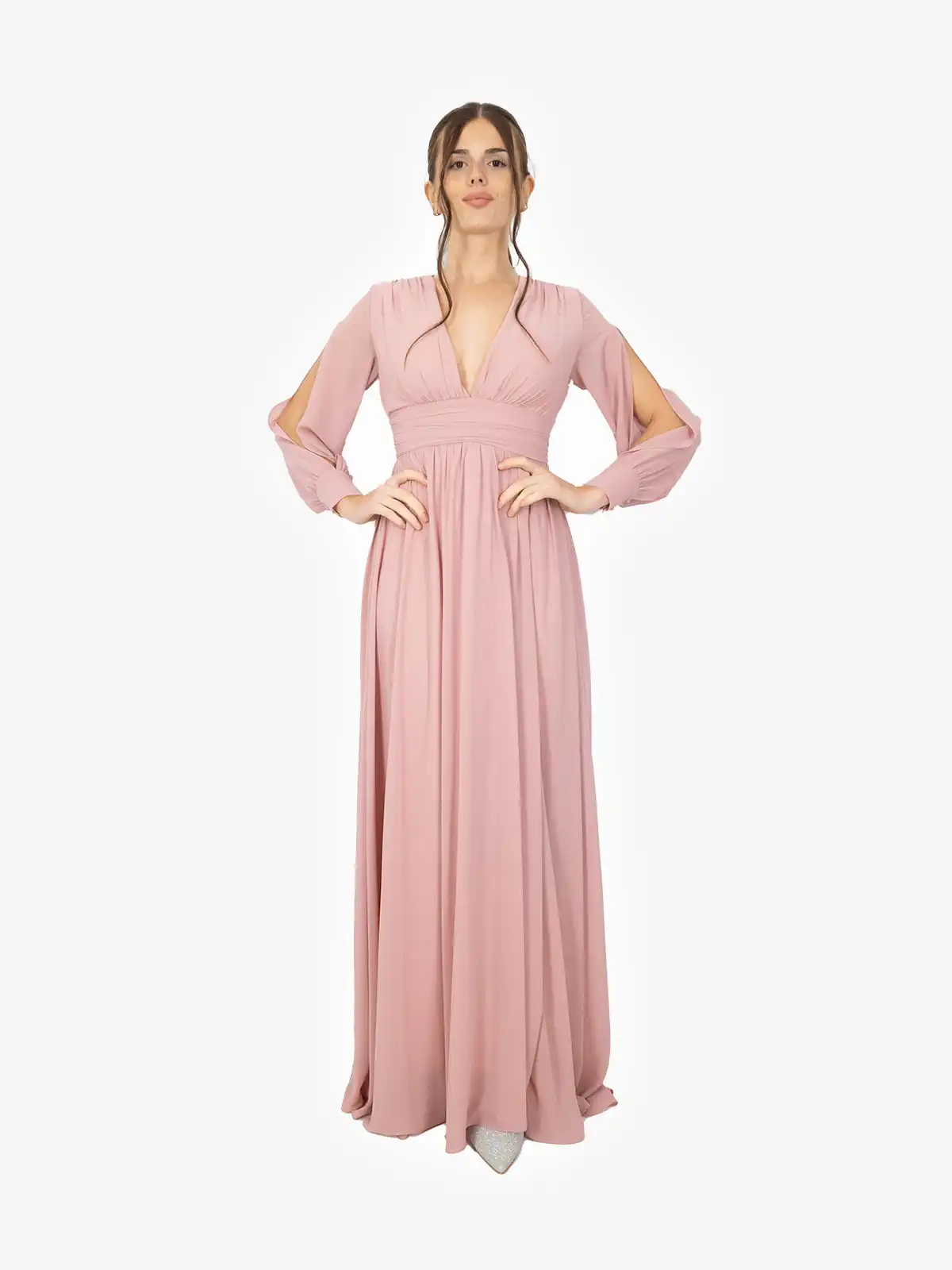 Abito lungo da cerimonia in chiffon con maniche lunghe aperte