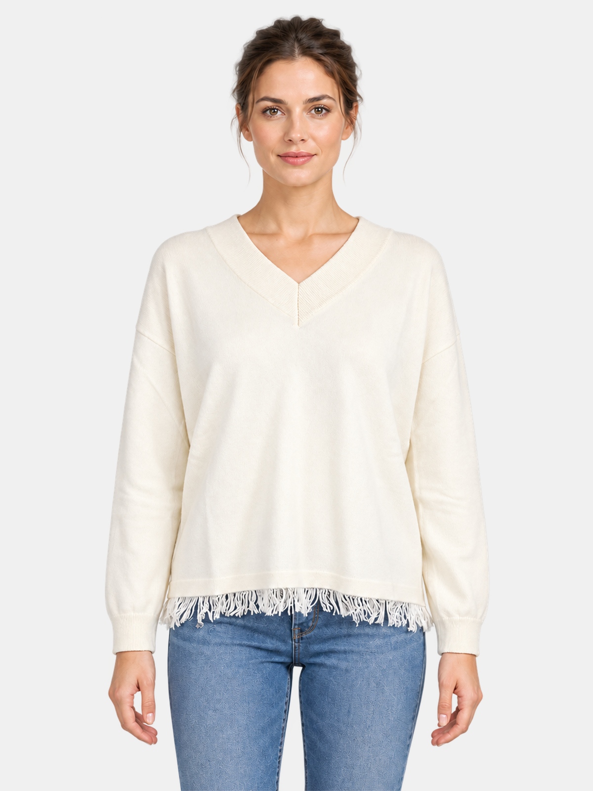 Maglione Scollo a V in Misto Lana con Frange