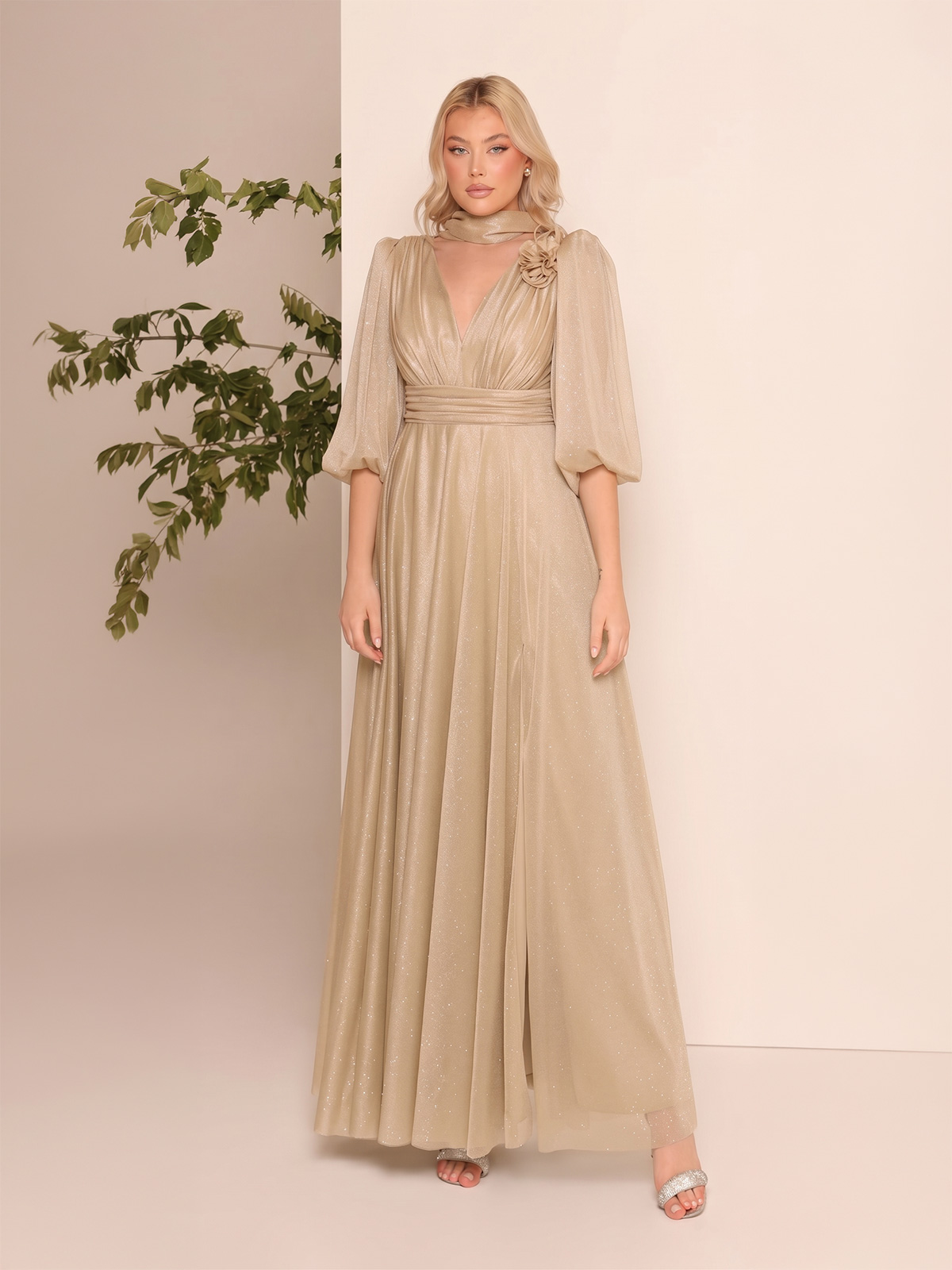 Long Curvy Glitter Formal Dress with Slit and Stole 29755m