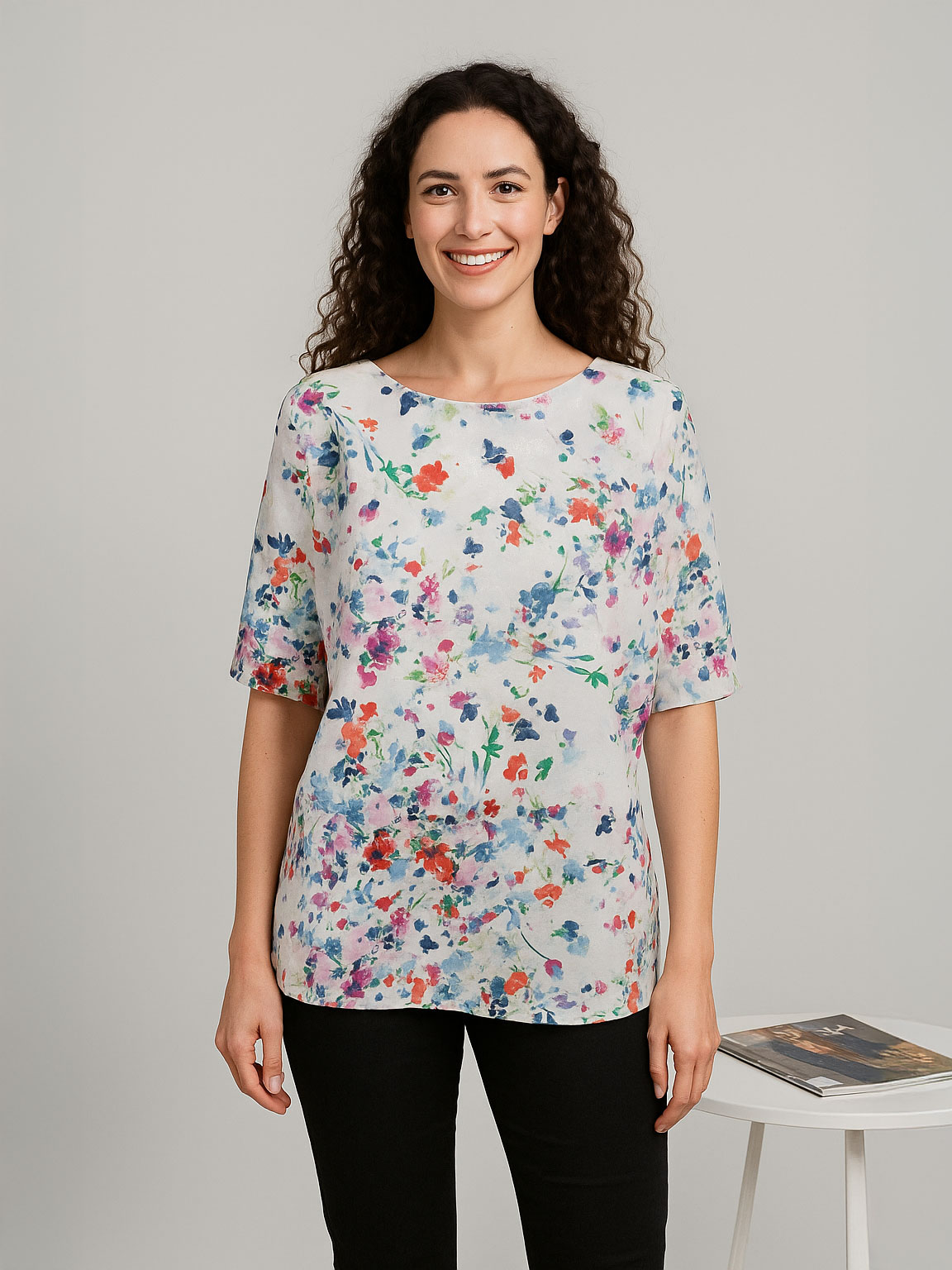 Women's cotton floral blouse with broderie anglaise