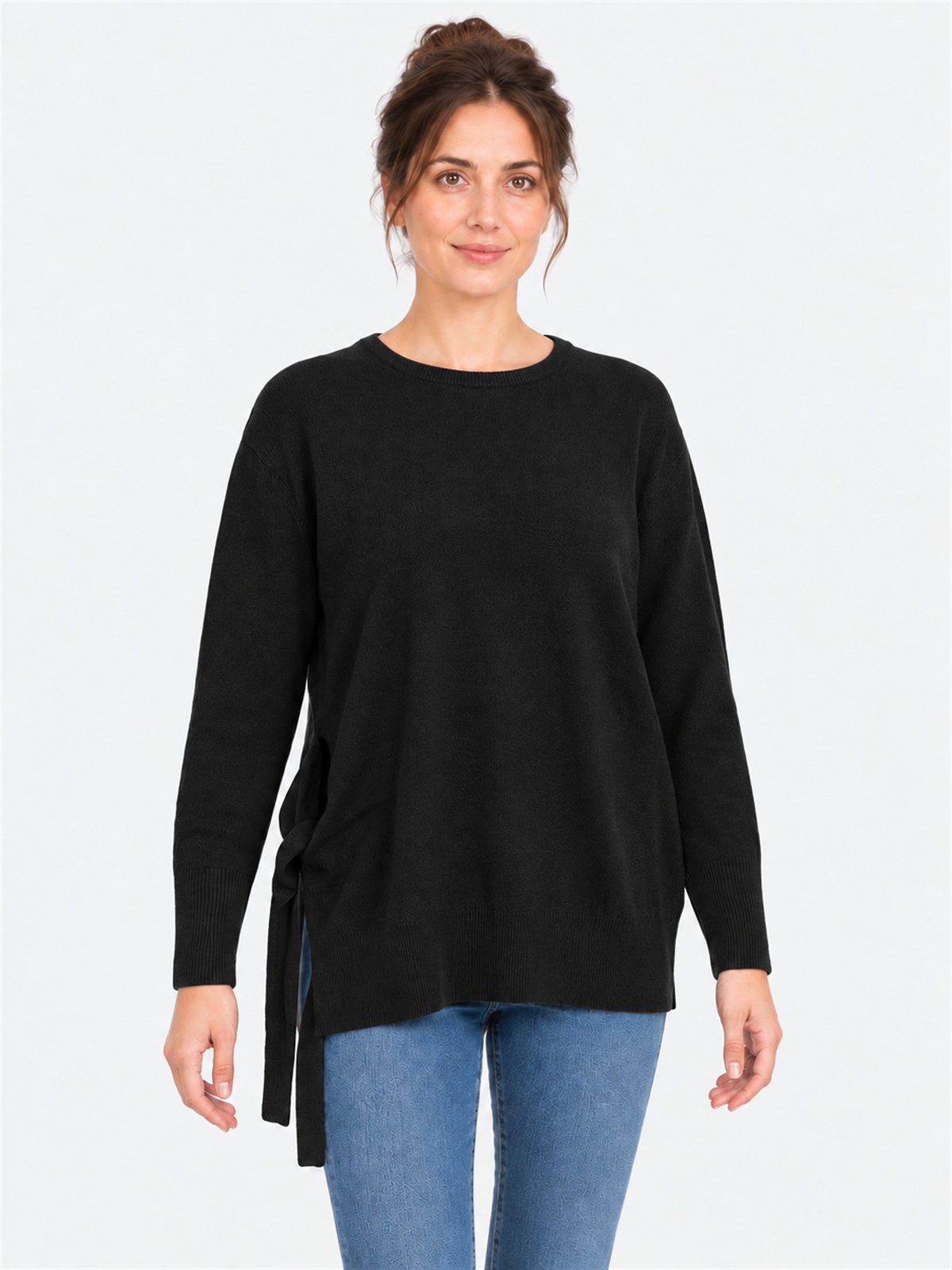 Wool Blend Sweater with Side Knot and Asymmetric Line