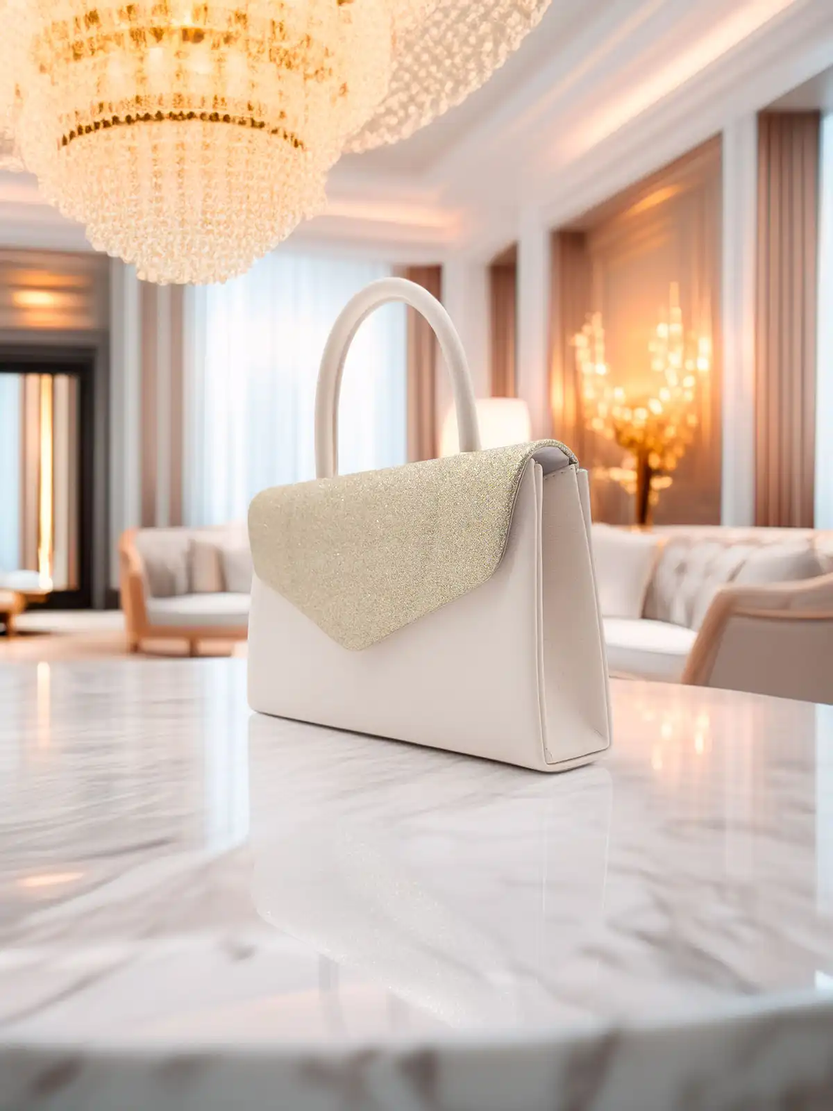 Pochette oro elegante con glitter e tracolla removibile