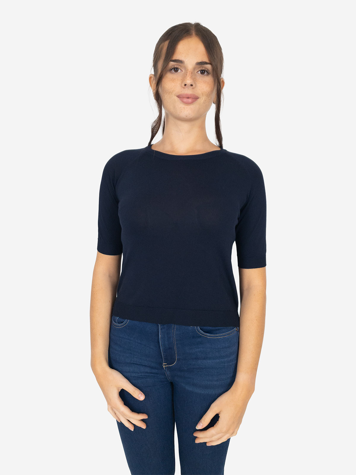 Maglia donna girocollo slim fit manica corta con spacchetti laterali