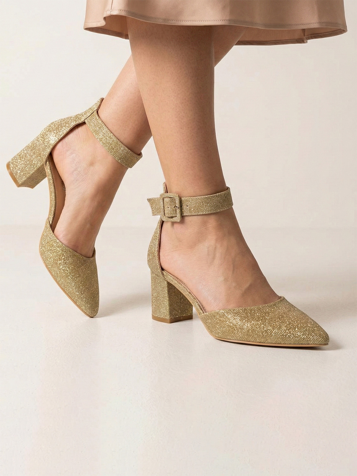 Gold Glitter Block Heel Pumps 6 cm with Ankle Strap
