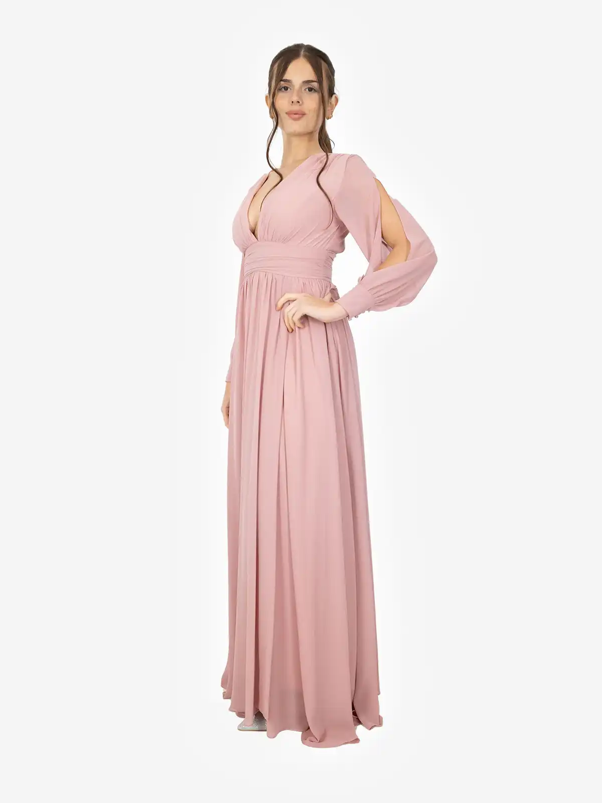 Abito lungo da cerimonia in chiffon con maniche lunghe aperte