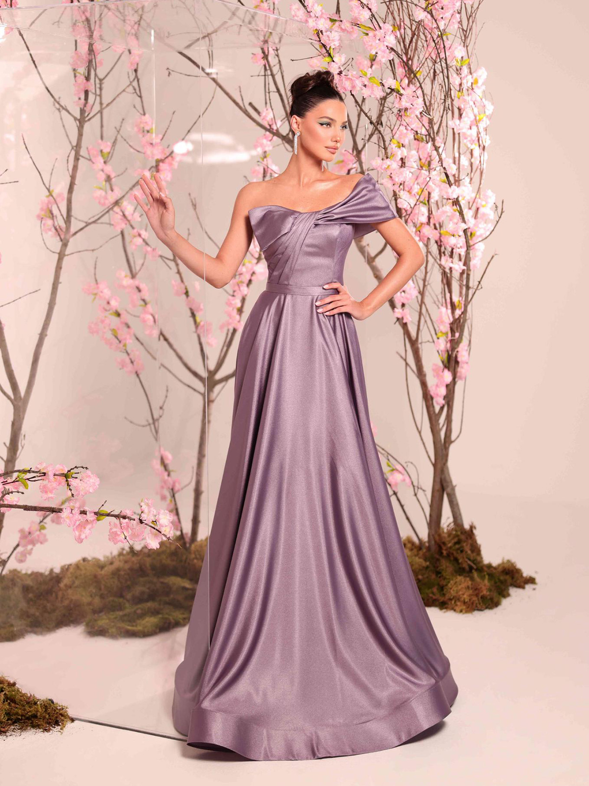 One-Shoulder Pearl Satin Maxi Dress