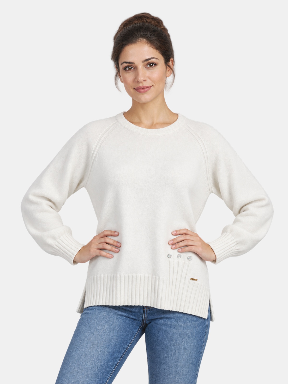 Viscose Blend Crew Neck Sweater with Decorative Buttons
