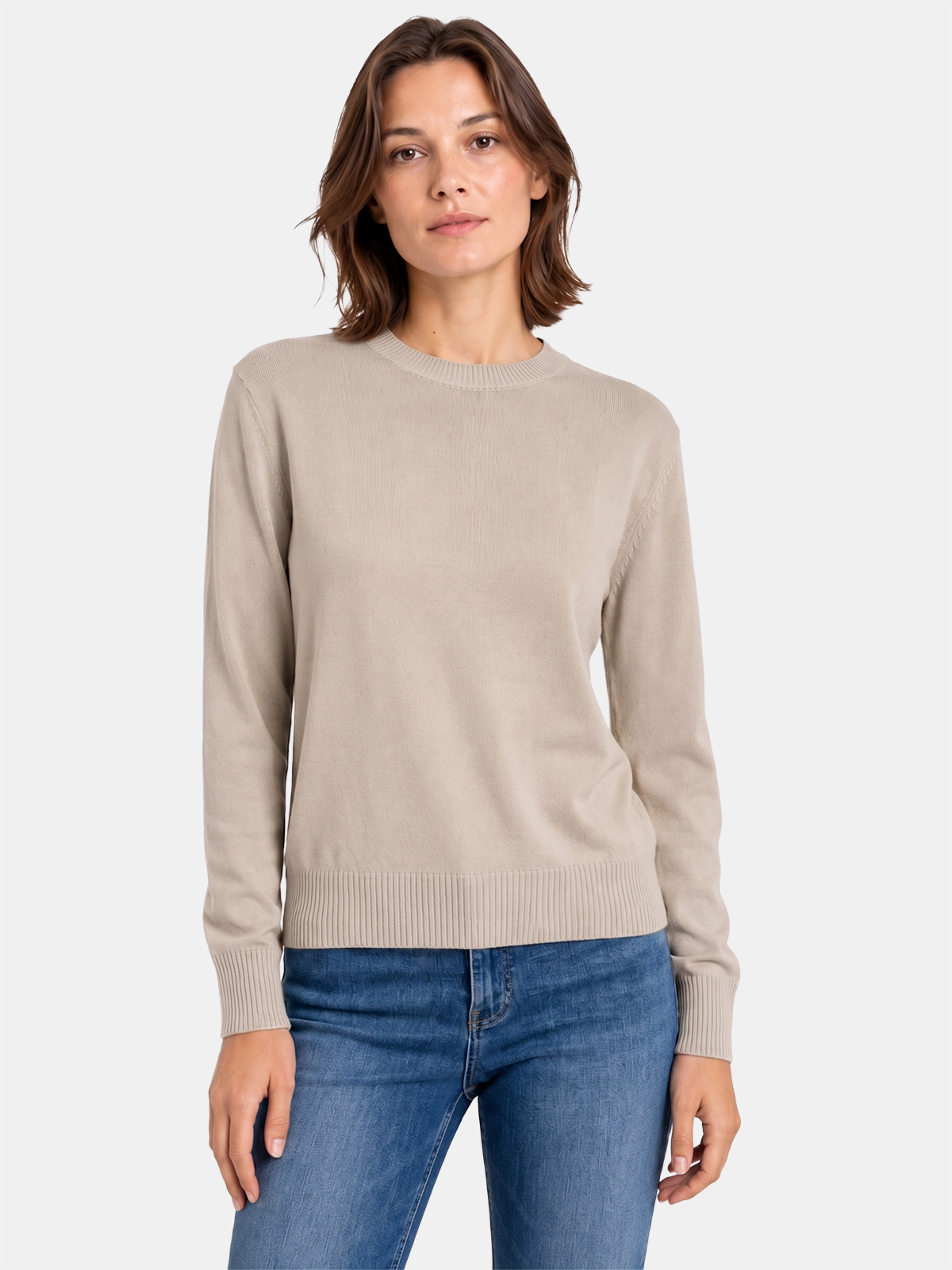Women's Cotton Crewneck Sweater with Ribbed Finishes