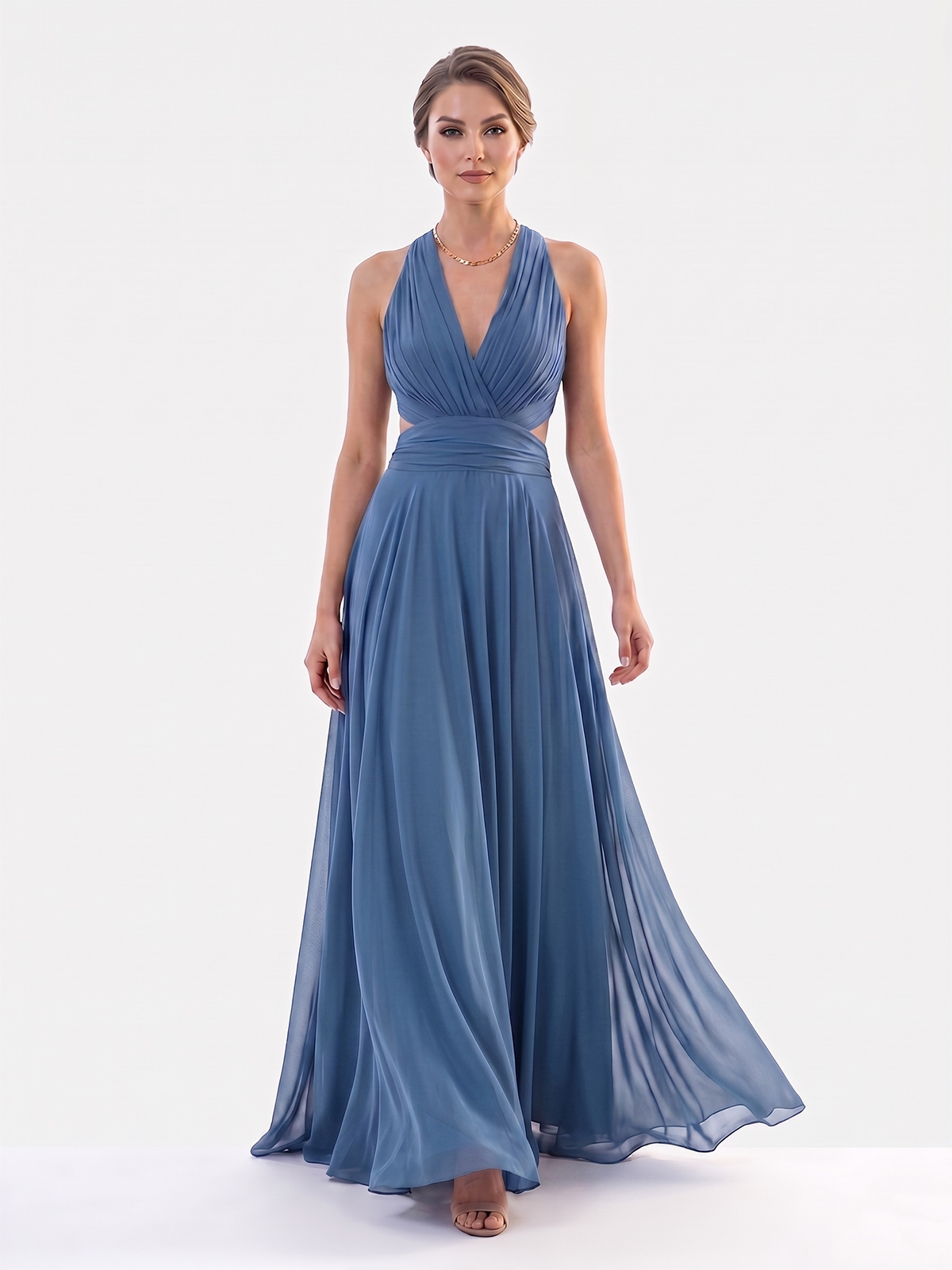Abito Lungo da Cerimonia in Chiffon con Collo all'Americana 7007-6F