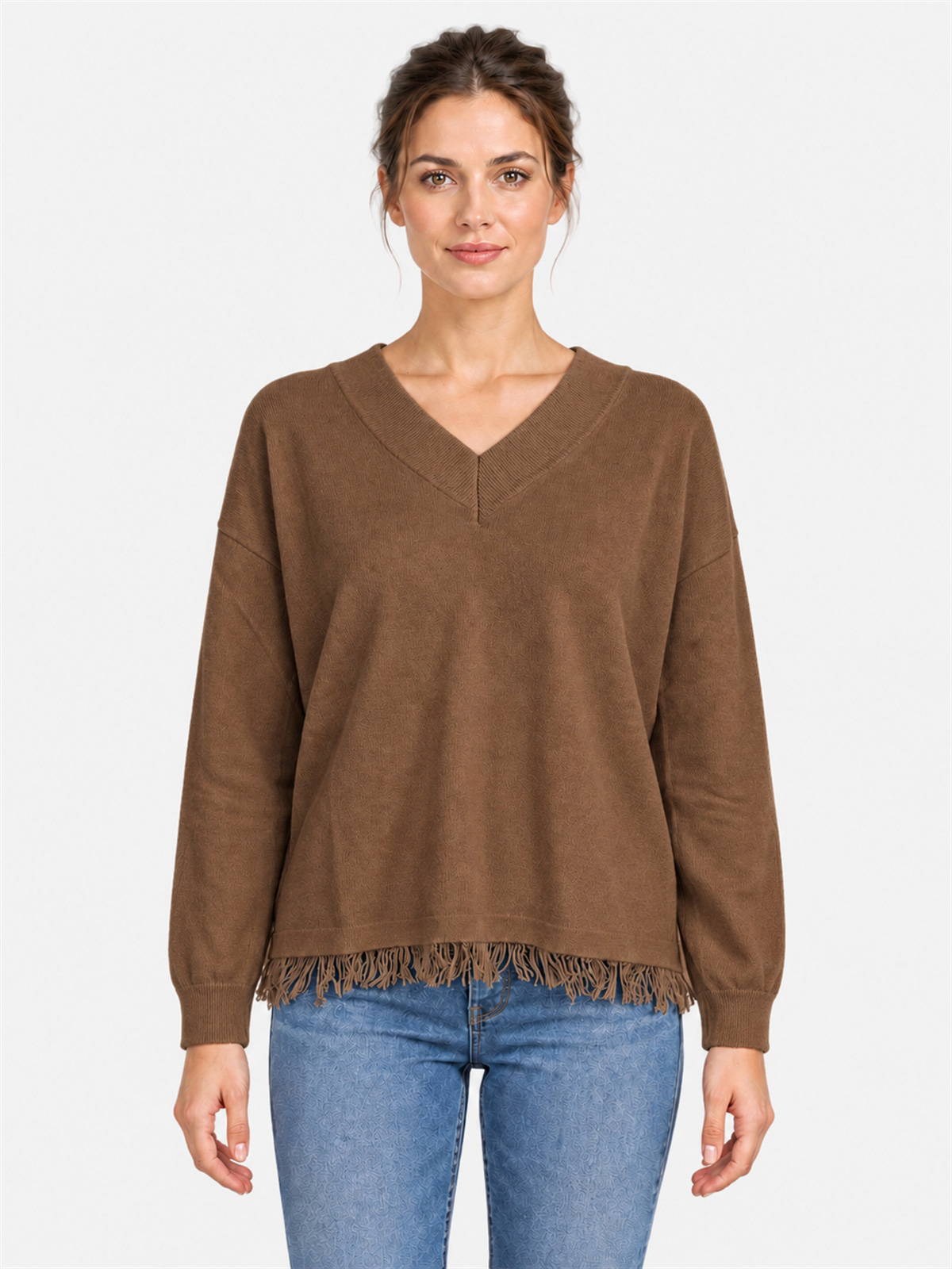 Maglione Scollo a V in Misto Lana con Frange