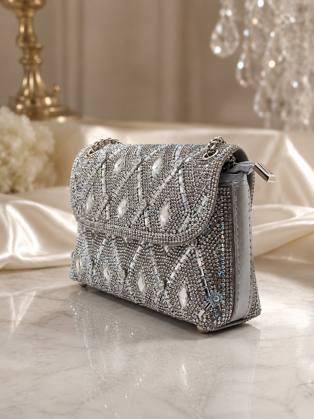 Sparkling Silver Evening Bag with Rhinestones