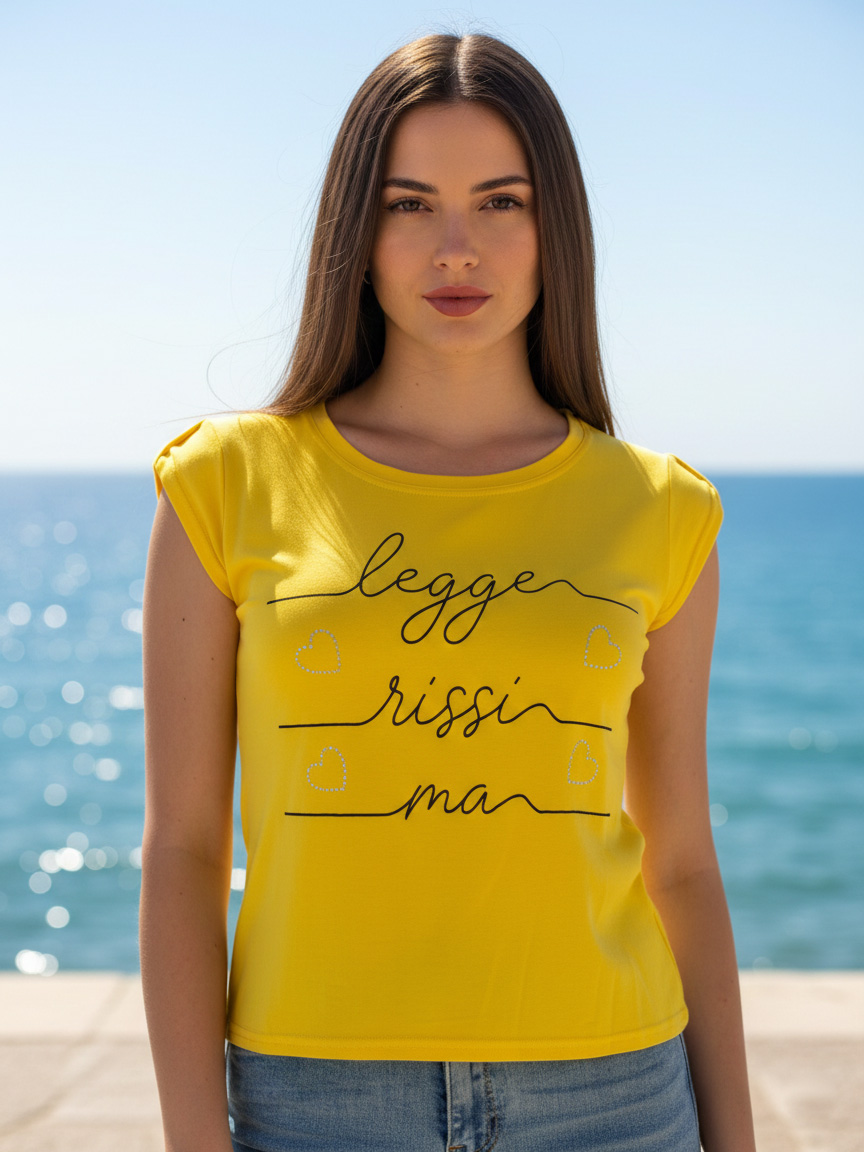 T-shirt Donna Corta in Viscosa con Scritta Manica Corta