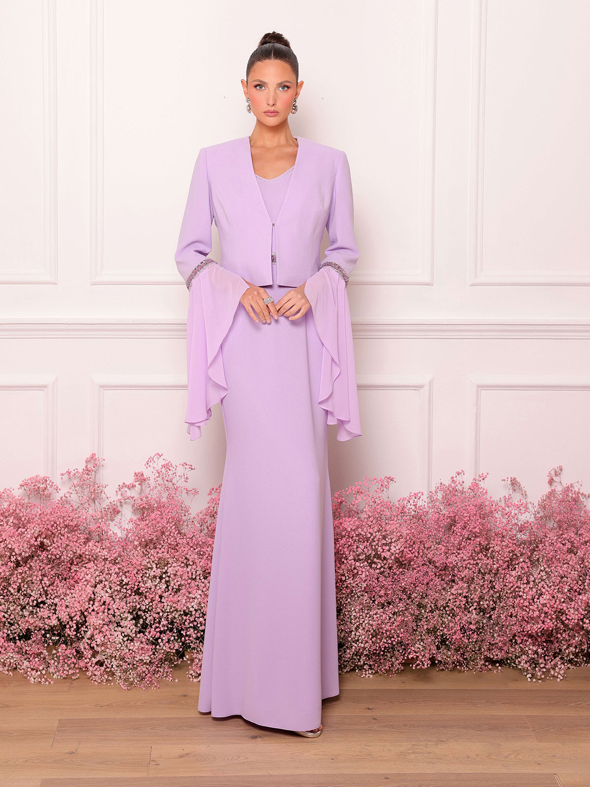 Abito lungo lilla da cerimonia con giacca Bianca Brandi