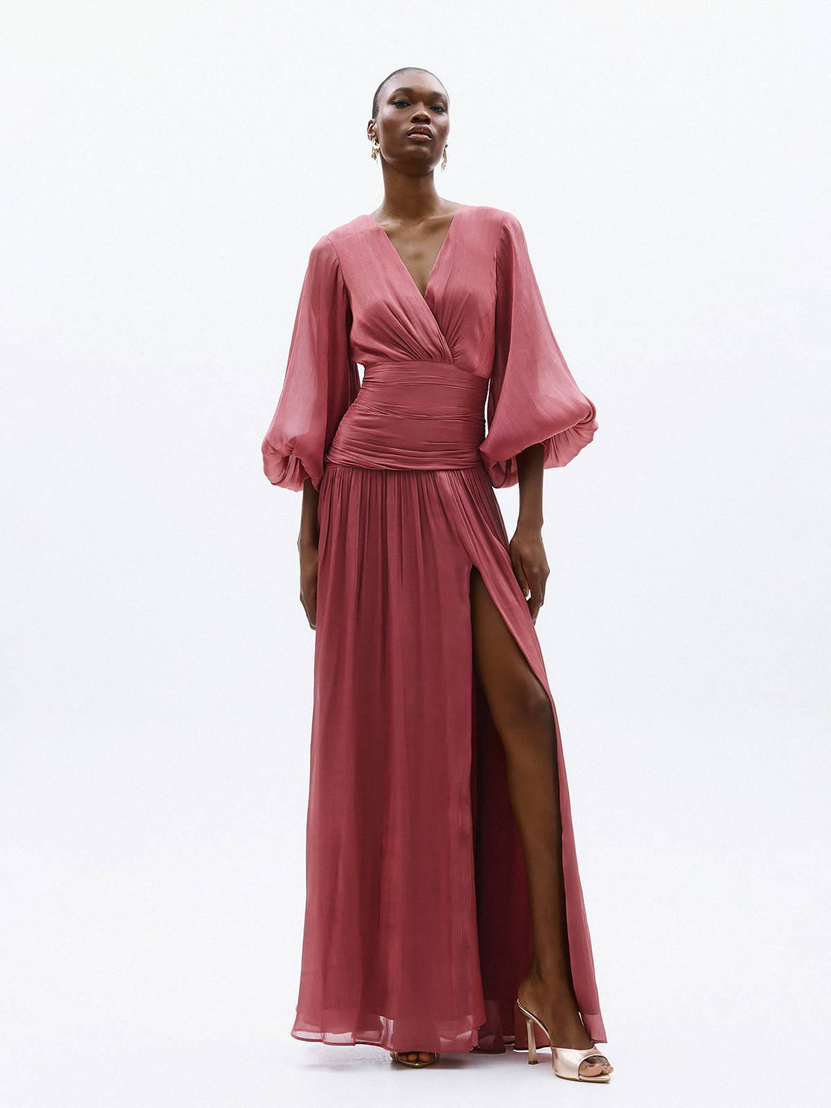 Abito Lungo da Cerimonia in Chiffon con Maniche a Sbuffo A4801