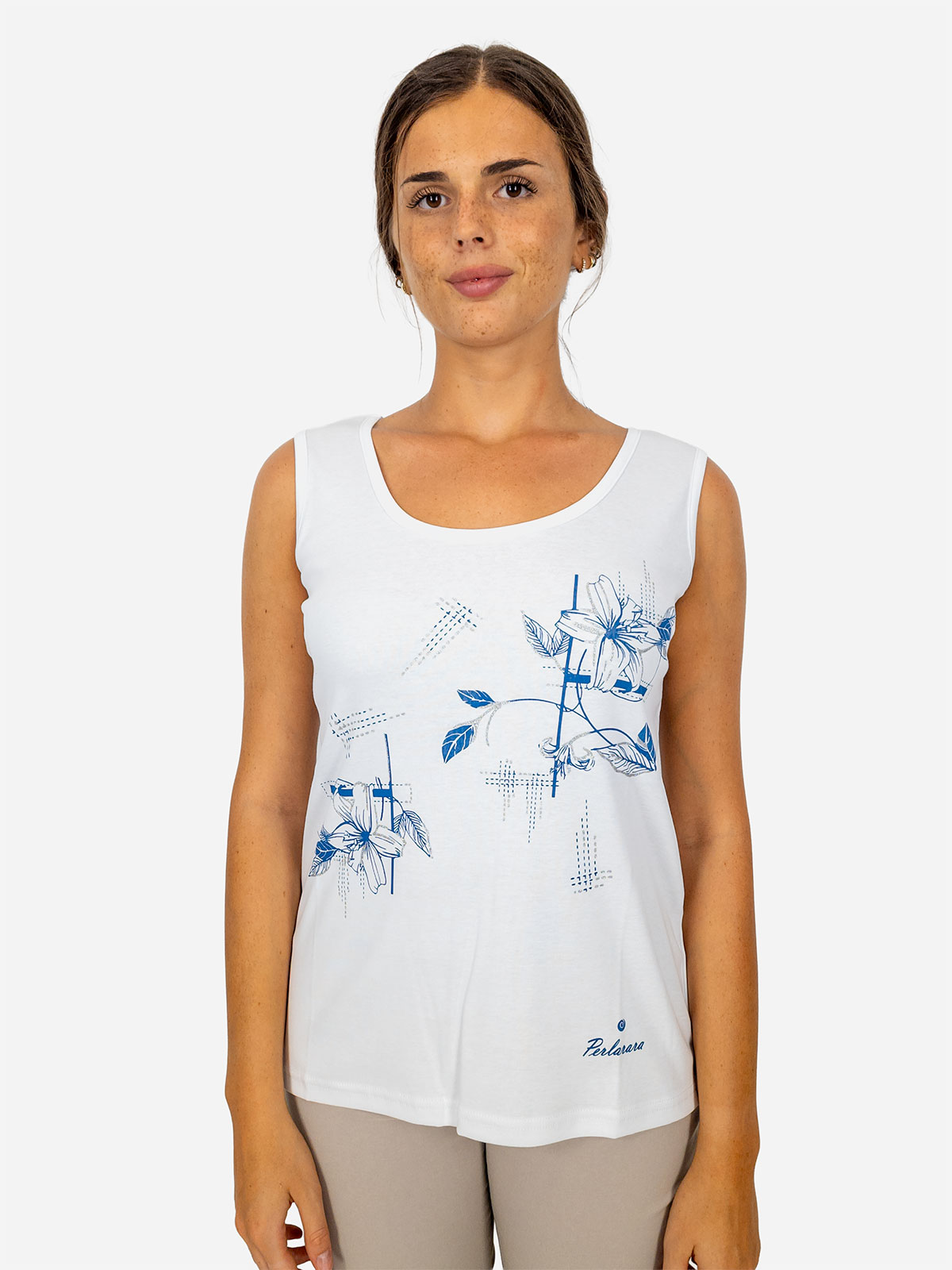 Women’s cotton tank top Perlarara with floral print and glitter Made in Italy