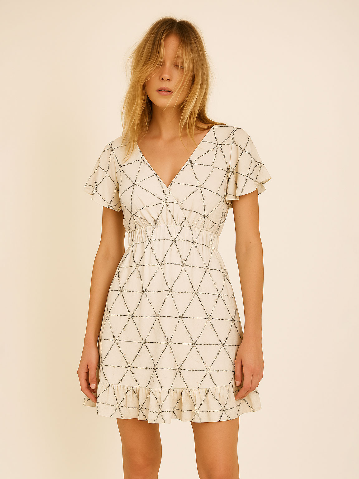 Short viscose wrap dress with ruffled sleeves – Beige