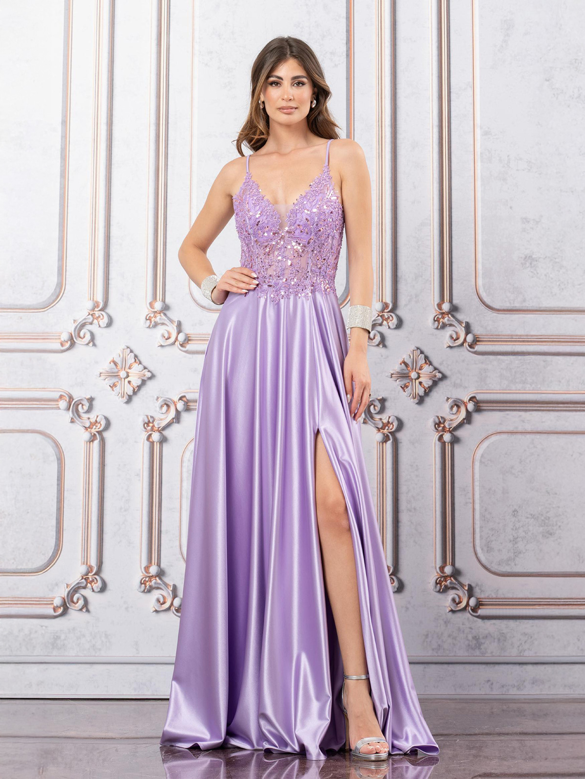 Long formal dress with embellished bodice and slit
