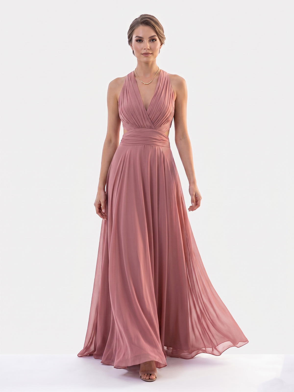 Abito Lungo da Cerimonia in Chiffon con Collo all'Americana 7007-6F