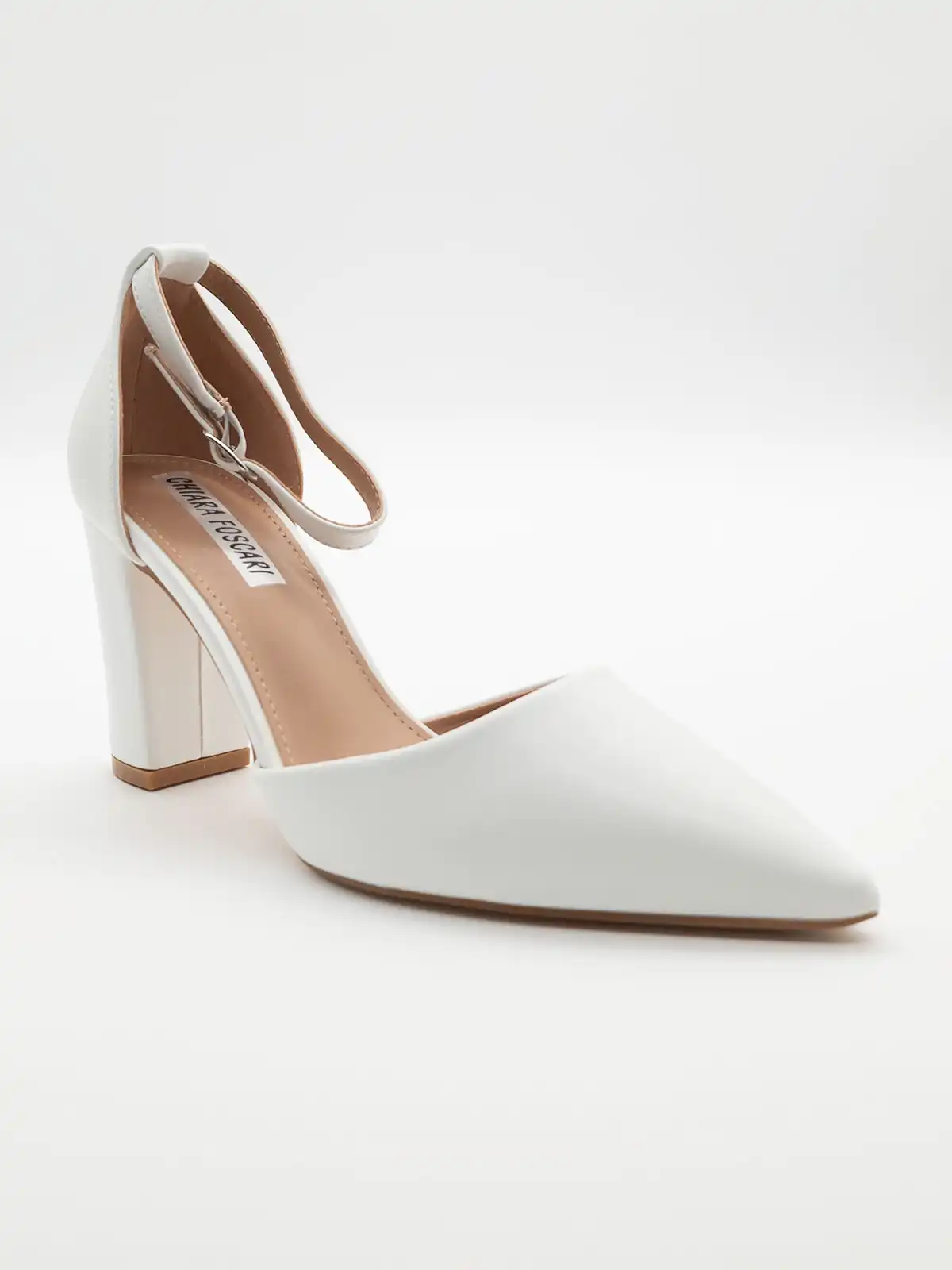 Décolleté bianca con cinturino e tacco largo 8,5 cm