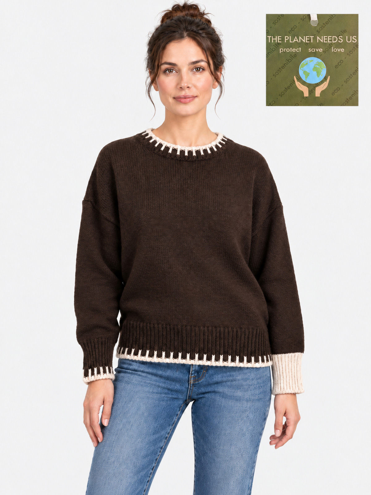 Wool Blend Crew Neck Sweater with Intarsia
