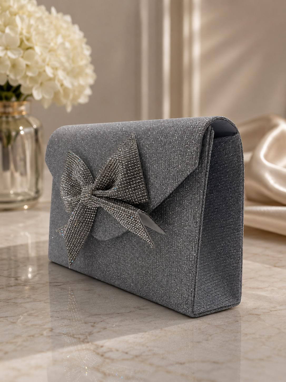 Pochette Argento Glitterata da Cerimonia con Fiocco di Strass HL3499-ARGENTO