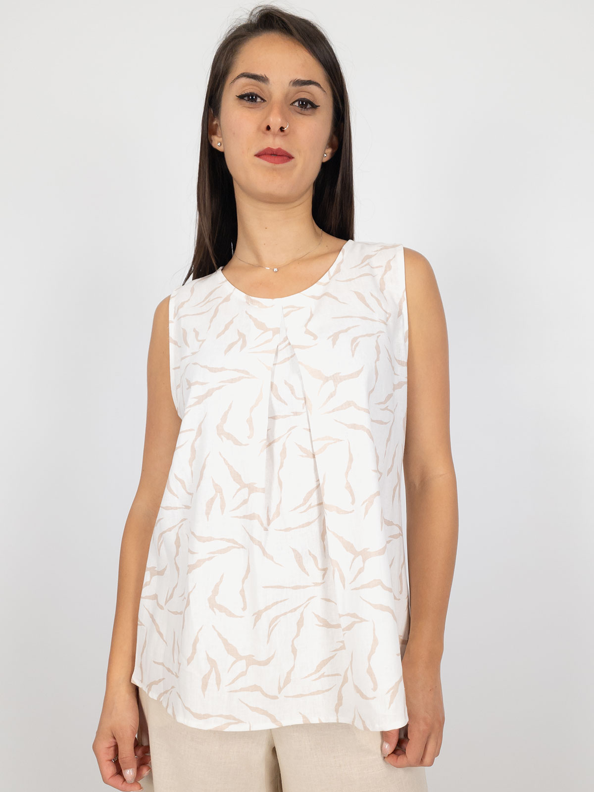 Bucle Top Donna Smanicato In Viscosa E Lino A Girocollo Estivo