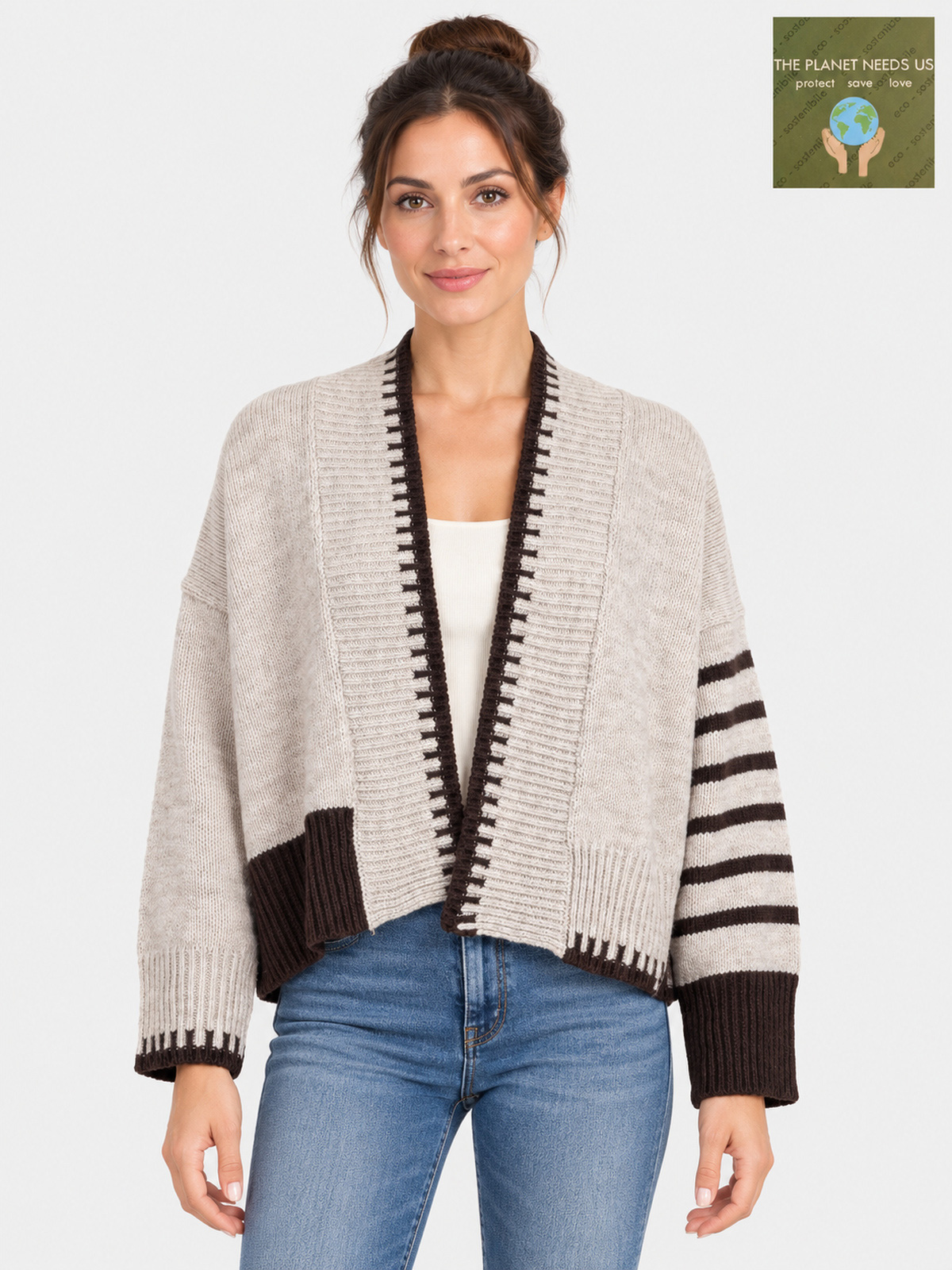 Cardigan aperto in misto lana con intarsio