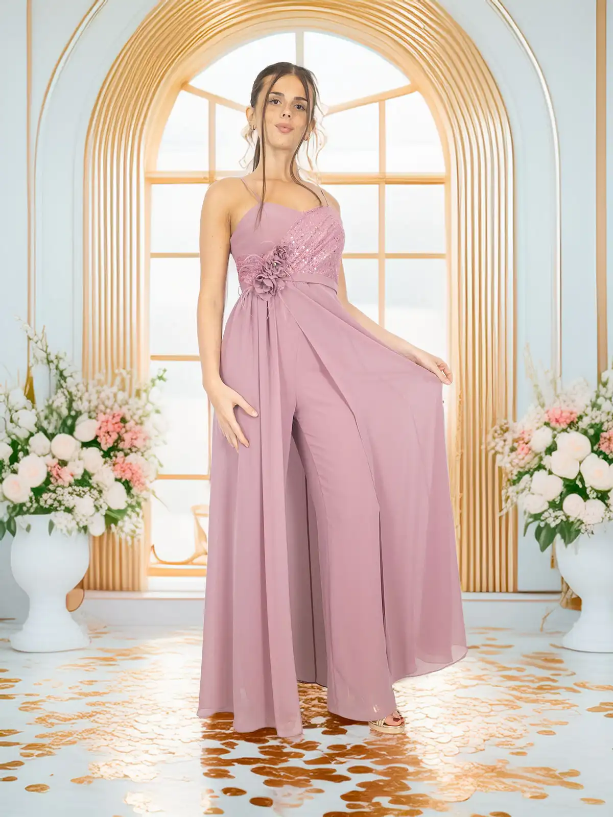 Tuta Elegante da Cerimonia con Gonna in Chiffon e Pantalone a