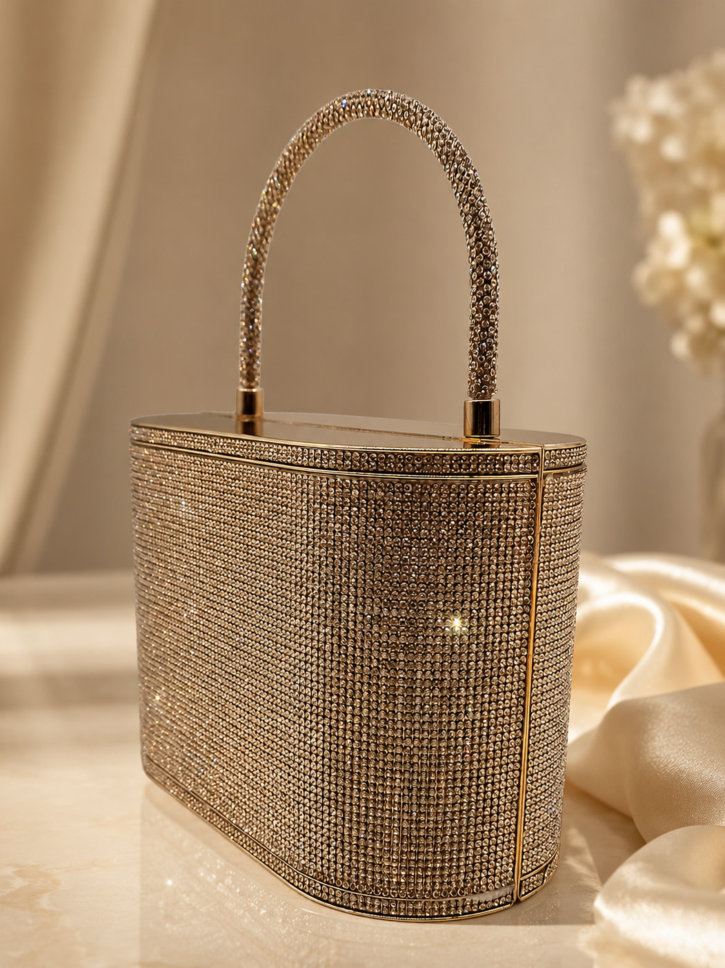 Gold Evening Clutch Bag Covered in Rhinestones with Detachable Chain