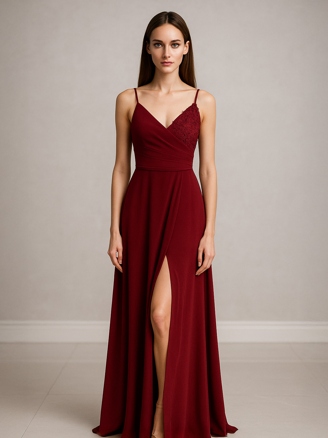 Long evening dress with lace wrap bodice and side slit