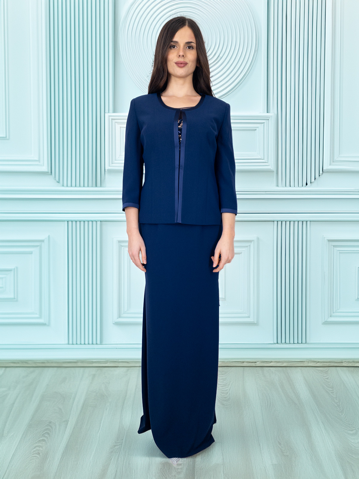 Abito a sirena con giacca per cerimonia mamma della sposa