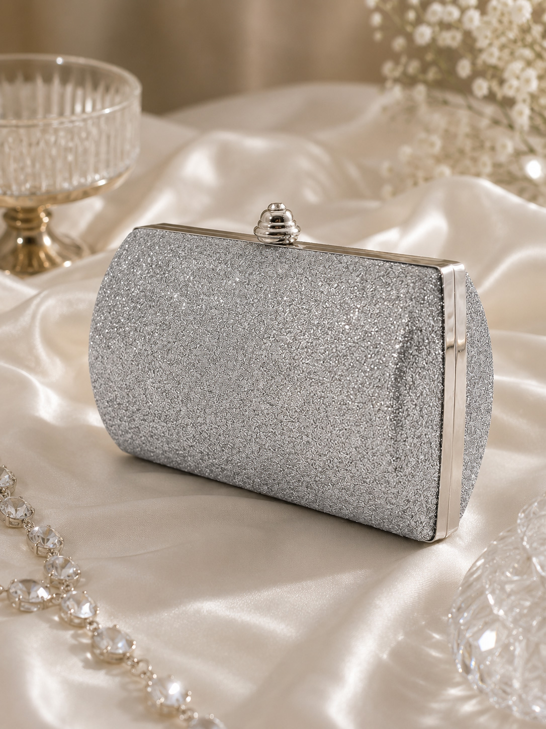 Rigid Silver Glitter Clutch with Removable Chain
