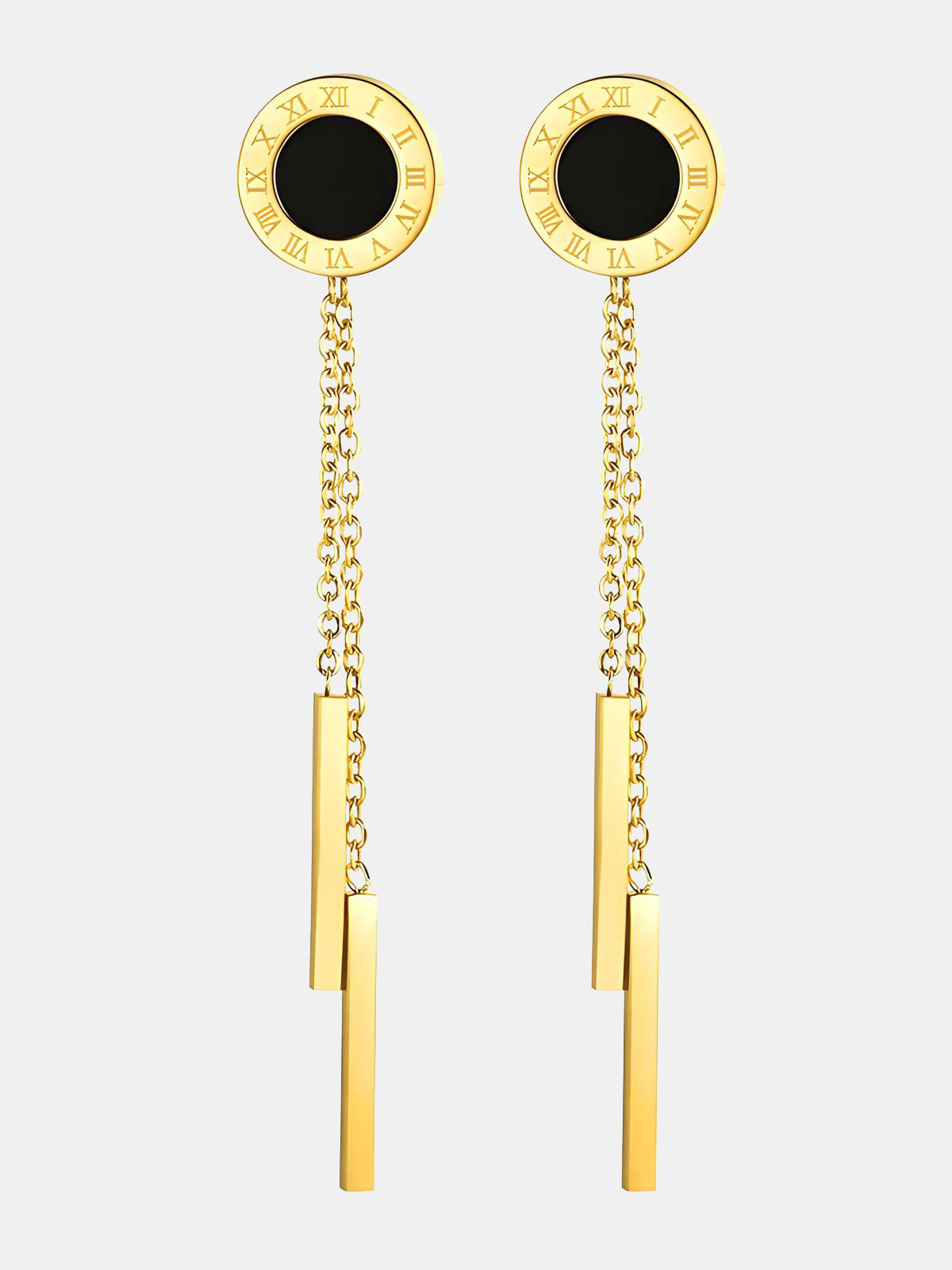 18K Gold Drop Earrings in Stainless Steel with Double Chain